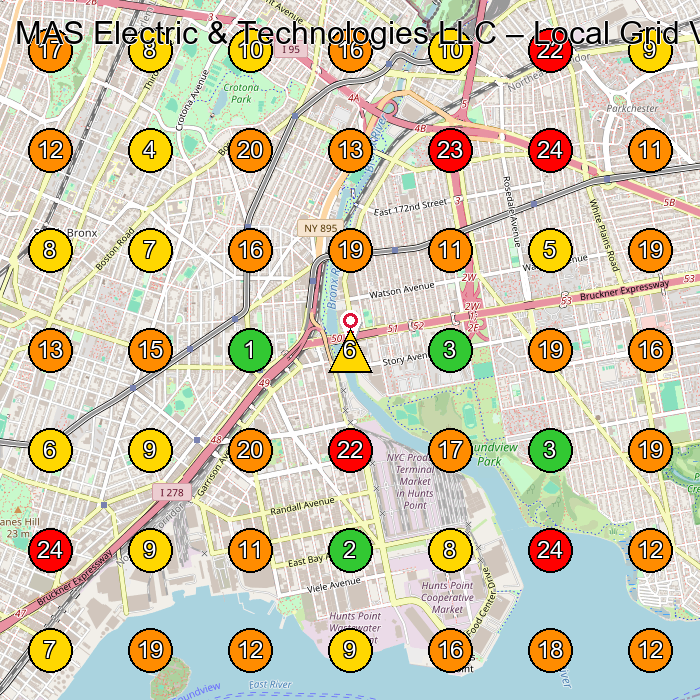 MAS Electric & Technologies LLC Electrical Installation Service GeoGrid ranking map for Bronx NY